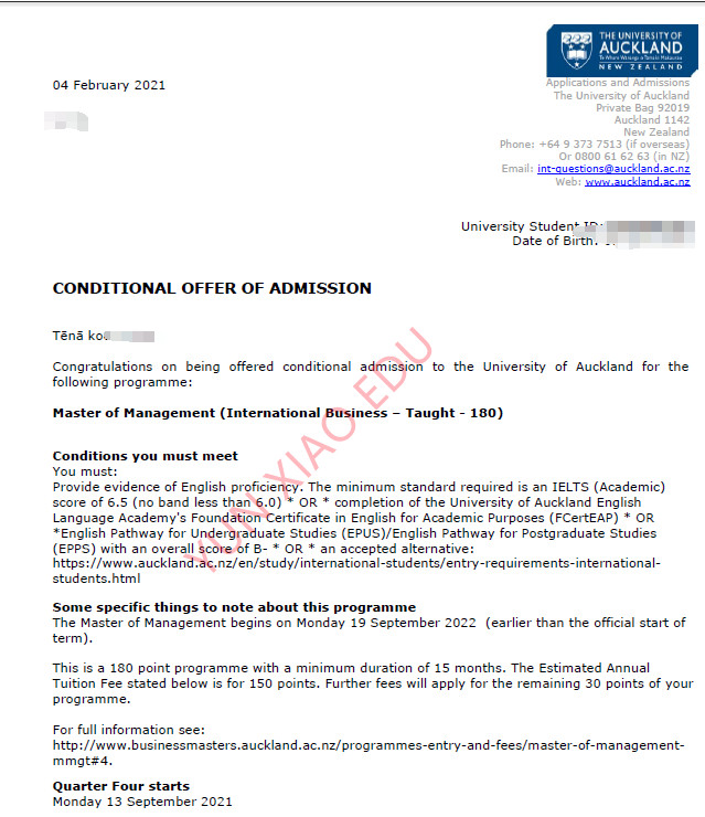 恭喜M同学获得奥克兰大学国际商务硕士录取