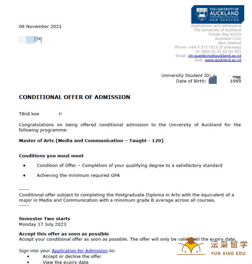 恭喜H同学获得新西兰奥克兰大学传媒硕士录取