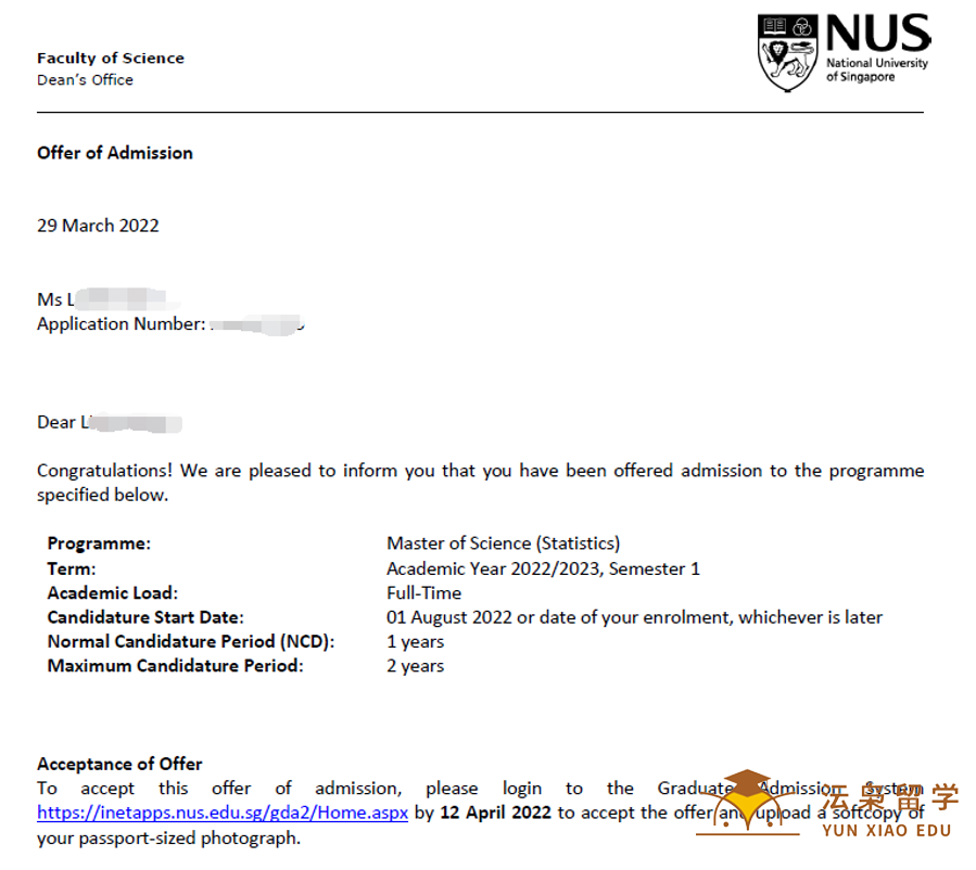 恭喜L同学顺利拿到新加坡国立大学统计学理学硕士课程录取通知书！