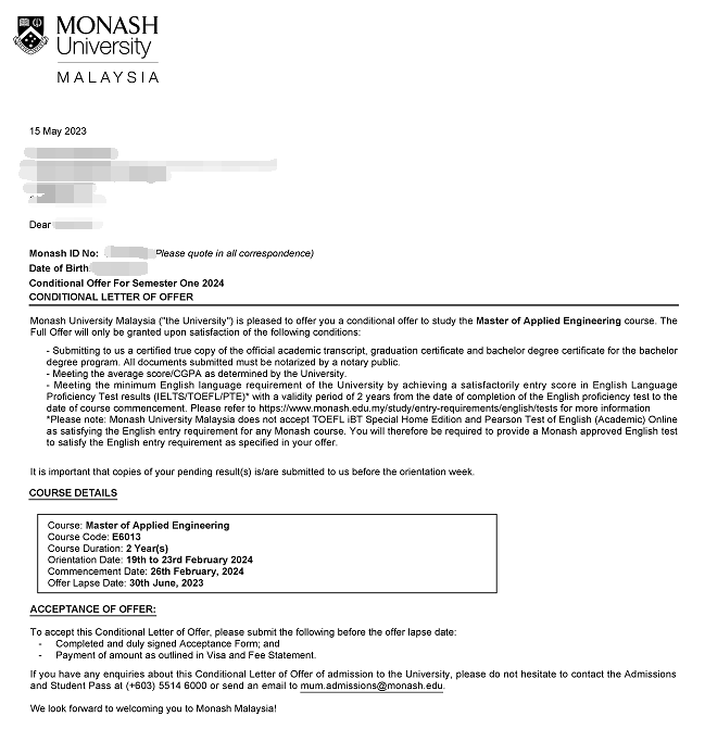 恭喜S同学获得蒙纳士大学马来西亚校区工程硕士录取