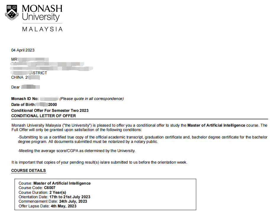 恭喜上海H同学顺利拿到蒙纳士大学人工智能硕士录取通知书！
