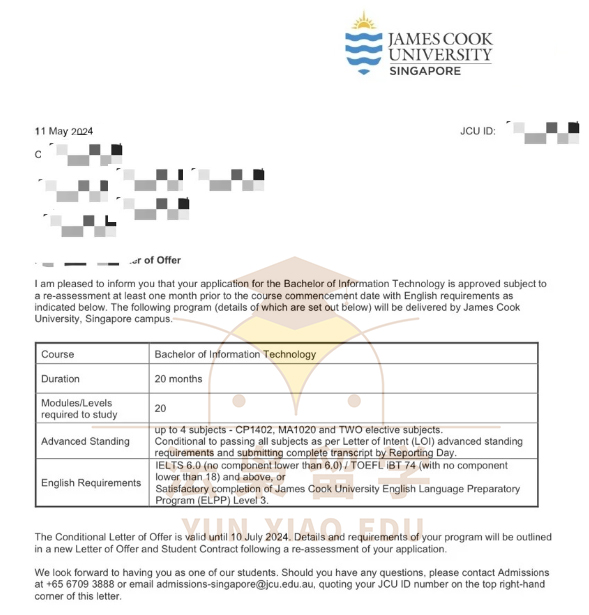 恭喜G同学顺利拿到新加坡詹姆斯库克大学信息技术本科录取通知书~